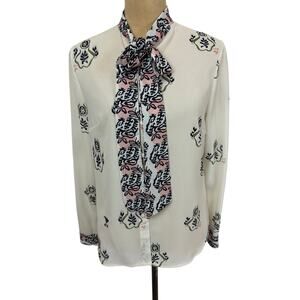 Vintage Christian Dior Cream Multicolored Floral Silk Blouse Tie Collar M